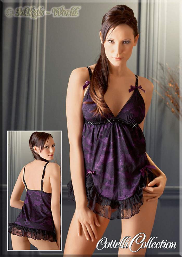 Strass Satin Babydoll & String - Set lila-schwarz - Gr. XL