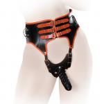 Ledapol - Echt Leder Harness Taillenmieder / Slip ouvert mit Dildo schwarz-rot