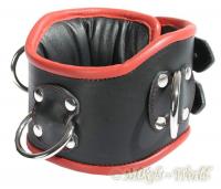 hier klicken für eine vergrösserte Darstellung von Ledapol - Echt Leder Bondage Halsband mit D-Ringen schwarz-rot