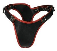 hier klicken für eine vergrösserte Darstellung von Ledapol - Echt Leder Doppel-Dildo / Penis Slip Harness schwarz-rot