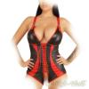 Ledapol - Echt Leder Schnür Pants-Body ouvert schwarz-rot - Gr. L