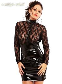 Langrmeliges Minikleid mit zarter Spitze und glnzendem Lack schwarz