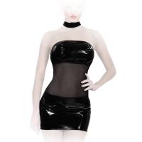 hier klicken für eine vergrösserte Darstellung von Ledapol - Elegantes schulterfreies Lack Mini Kleid mit Halsband schwarz