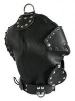 hier klicken für eine vergrösserte Darstellung von Ledapol - Echt Leder Hänge-Kopfmaske mit Augen- und Mundklappe schwarz - Gr. S-L